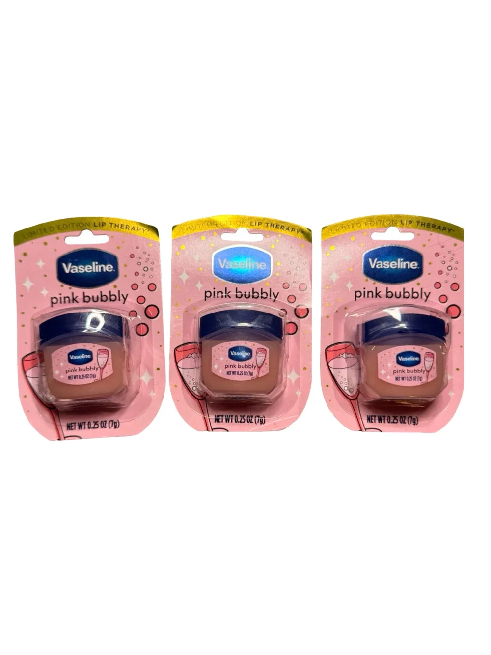 Vaseline Limited Edition Lip Therapy Pink Bubbly Lip Balm 0.25 oz (Lot of 3)